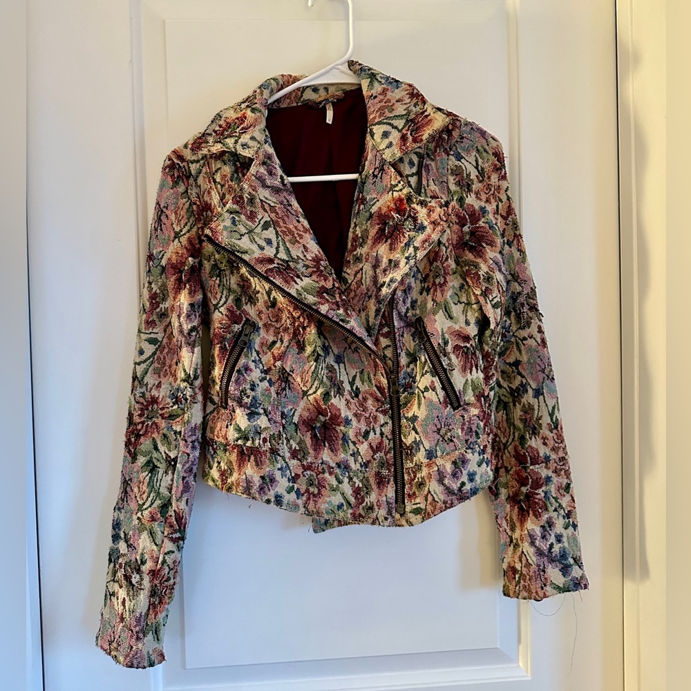 Free People floral tapestry moto jacket